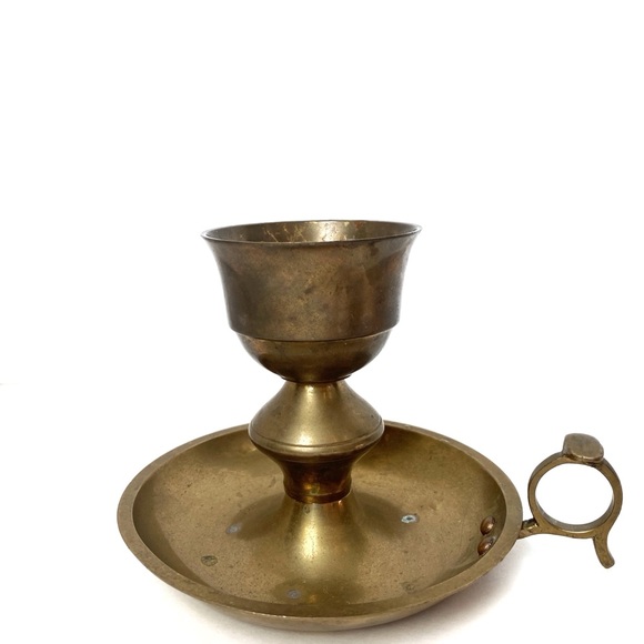 Round Vintage Brass Candlestick Holder with Handle